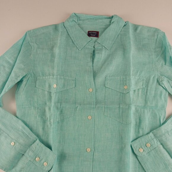 UNTUCKit Monthelie Button Front Shirt Women's Size 4 Relaxed Fit Blue Linen - Picture 2 of 7